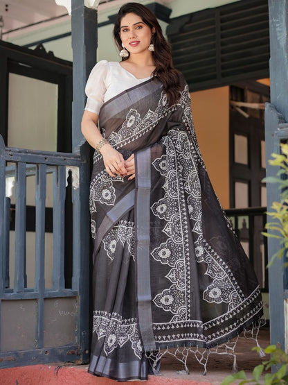 Rajwada Black Cotton Linen Printed Saree For Women