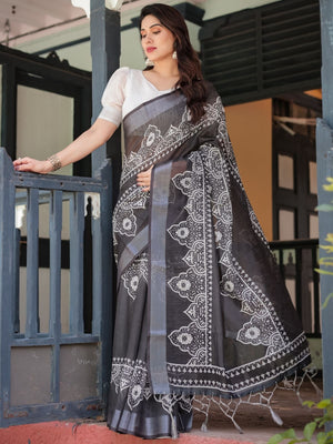 Rajwada Black Cotton Linen Printed Saree For Women