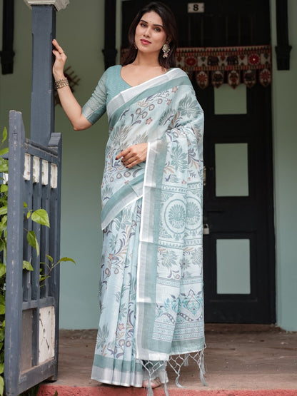 Rajwada Light Green Cotton Linen Printed Saree For Women
