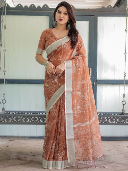 Rajwada Light Brown Cotton Linen Printed Saree For Women