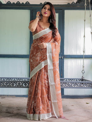 Rajwada Light Brown Cotton Linen Printed Saree For Women
