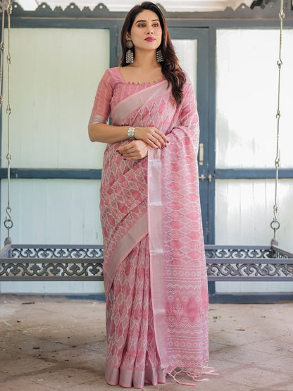 Rajwada Light Pink Cotton Linen Printed Saree For Women
