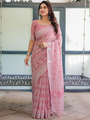 Rajwada Light Pink Cotton Linen Printed Saree For Women