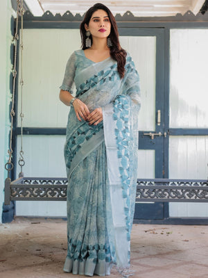 Rajwada Light Blue Cotton Linen Printed Saree For Women