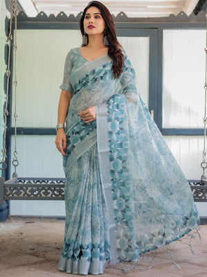 Rajwada Light Blue Cotton Linen Printed Saree For Women