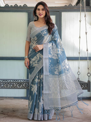 Rajwada Dusty Blue Cotton Linen Printed Saree For Women