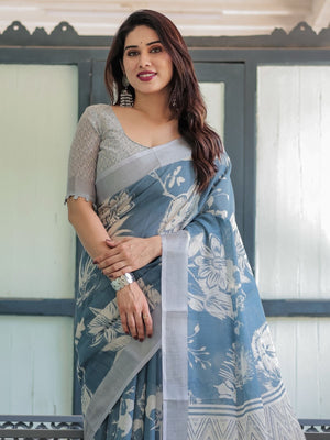 Rajwada Dusty Blue Cotton Linen Printed Saree For Women
