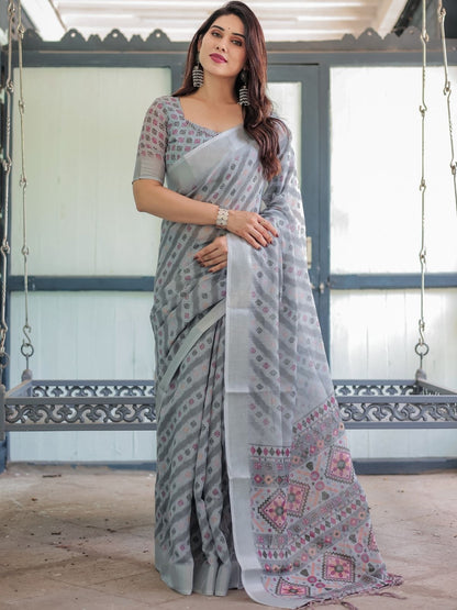 Rajwada Grey Cotton Linen Printed Saree For Women