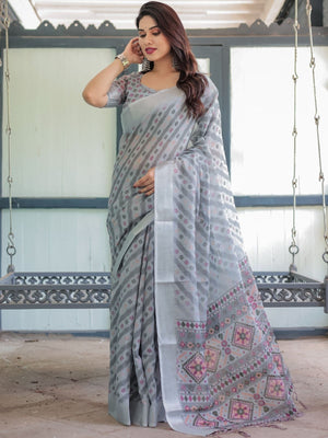 Rajwada Grey Cotton Linen Printed Saree For Women