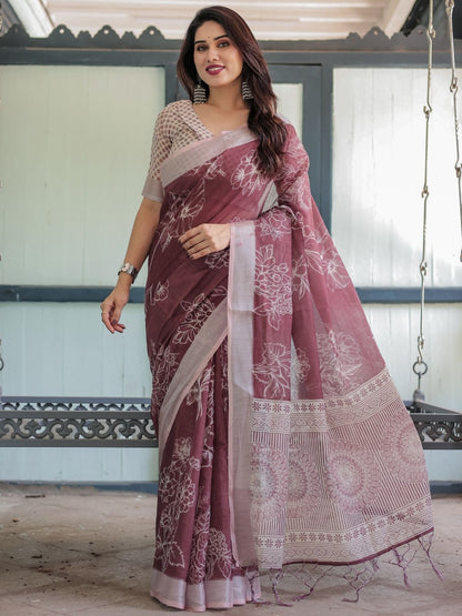 Rajwada Maroon Cotton Linen Printed Saree For Women