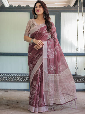 Rajwada Maroon Cotton Linen Printed Saree For Women
