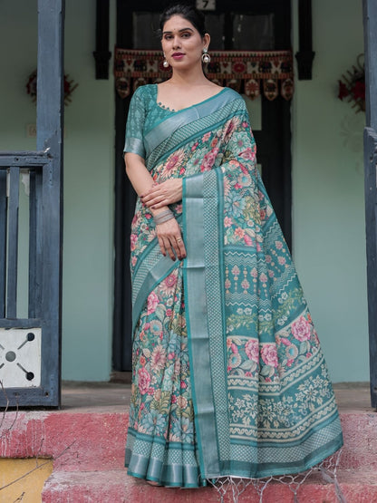 Rajwada Teal Green Cotton Linen Printed Saree For Women