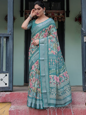 Rajwada Teal Green Cotton Linen Printed Saree For Women