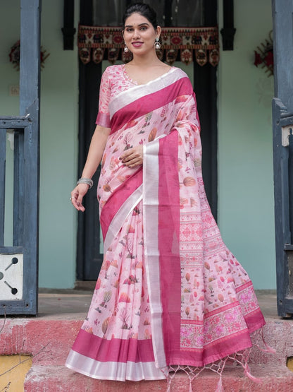 Rajwada Light Pink Cotton Linen Printed Saree For Women