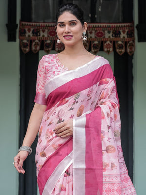 Rajwada Light Pink Cotton Linen Printed Saree For Women