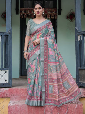 Rajwada Sage Green Cotton Linen Printed Saree For Women