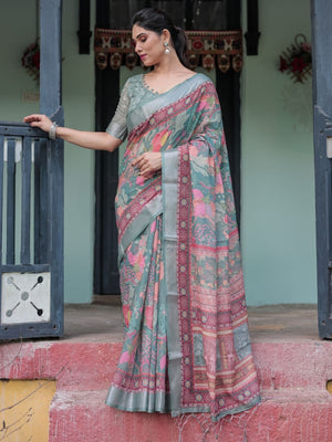 Rajwada Sage Green Cotton Linen Printed Saree For Women