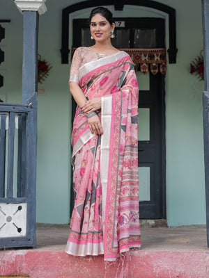 Rajwada Pink Cotton Linen Printed Saree For Women