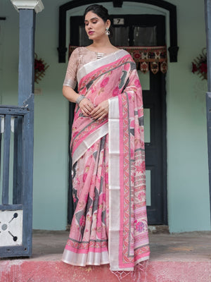 Rajwada Pink Cotton Linen Printed Saree For Women