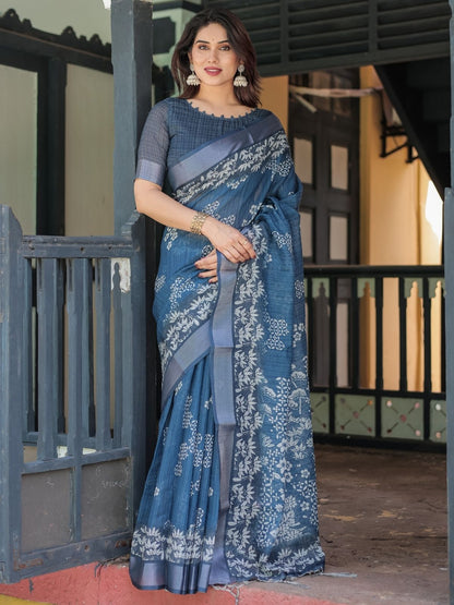 Rajwada Dusty Blue Cotton Linen Printed Saree For Women