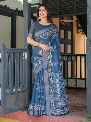 Rajwada Dusty Blue Cotton Linen Printed Saree For Women