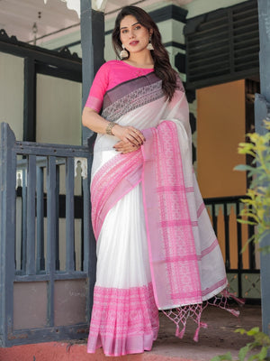 Rajwada White Cotton Linen Printed Saree For Women