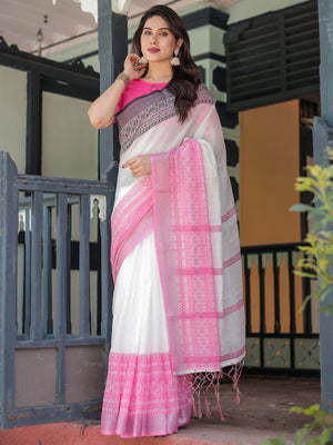Rajwada White Cotton Linen Printed Saree For Women