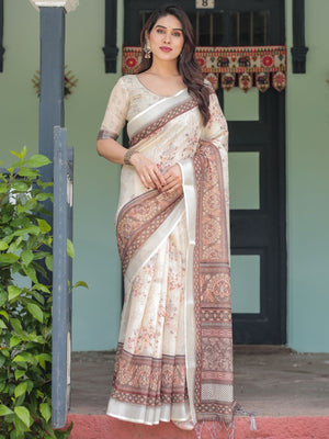 Rajwada Off White And Brown Cotton Linen Printed Saree For Women