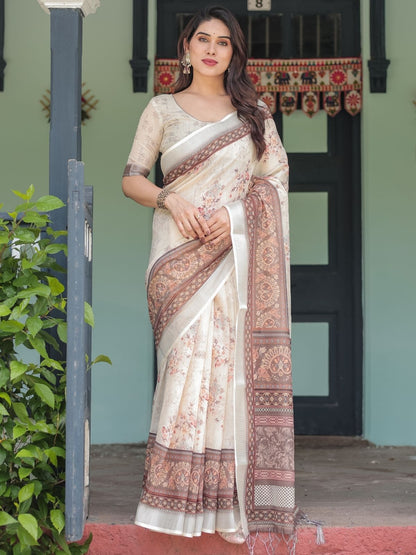 Rajwada Off White And Brown Cotton Linen Printed Saree For Women