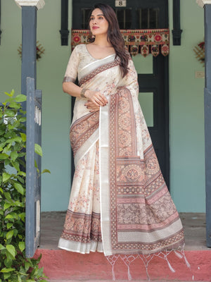Rajwada Off White And Brown Cotton Linen Printed Saree For Women