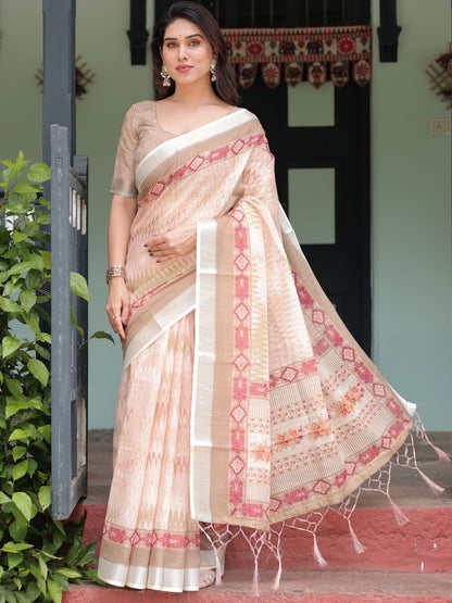 Rajwada Cream Cotton Linen Printed Saree For Women
