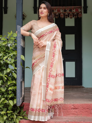 Rajwada Cream Cotton Linen Printed Saree For Women
