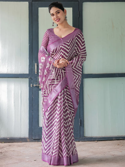 Rajwada Purple Cotton Linen Printed Saree For Women