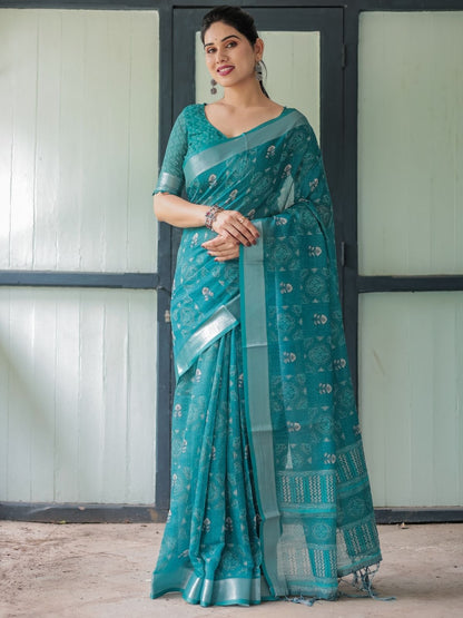 Rajwada Teal Green Cotton Linen Printed Saree For Women