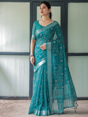 Rajwada Teal Green Cotton Linen Printed Saree For Women