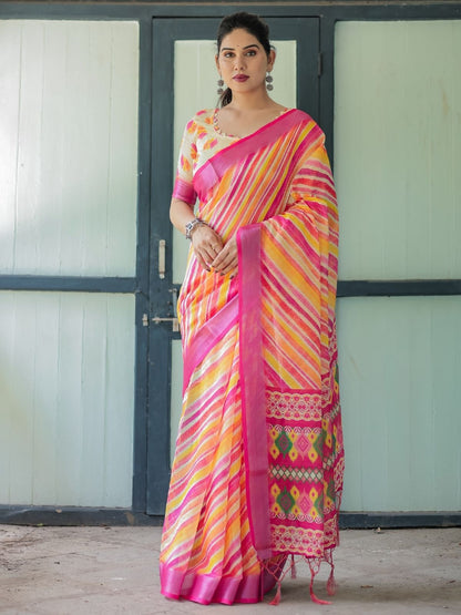 Rajwada Multicolor Cotton Linen Printed Saree For Women