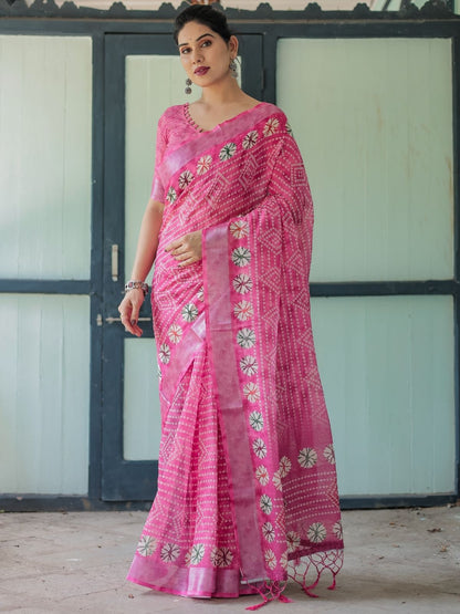 Rajwada Pink Cotton Linen Printed Saree For Women