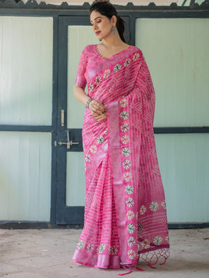 Rajwada Pink Cotton Linen Printed Saree For Women
