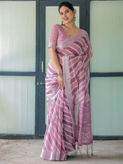 Rajwada Dusty Pink Cotton Linen Printed Saree For Women