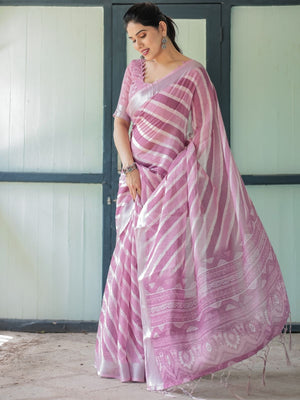 Rajwada Dusty Pink Cotton Linen Printed Saree For Women