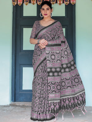 Rajwada Black And Wine Cotton Linen Printed Saree For Women