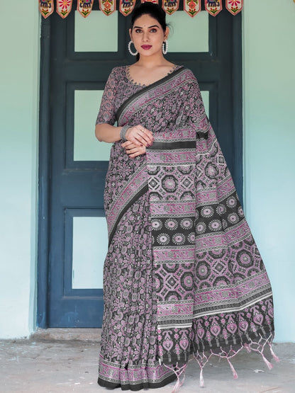 Rajwada Black And Wine Cotton Linen Printed Saree For Women