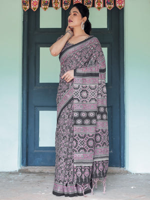 Rajwada Black And Wine Cotton Linen Printed Saree For Women