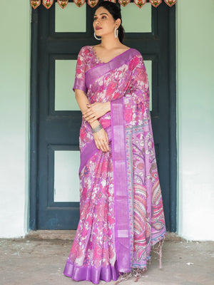Rajwada Multicolor Cotton Linen Printed Saree For Women