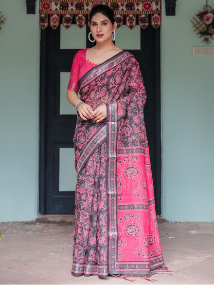 Rajwada Black And Pink Cotton Linen Printed Saree For Women