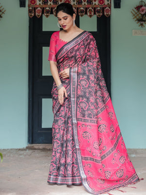 Rajwada Black And Pink Cotton Linen Printed Saree For Women