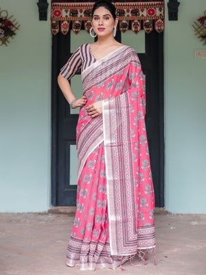 Rajwada Peach Pink Cotton Linen Printed Saree For Women