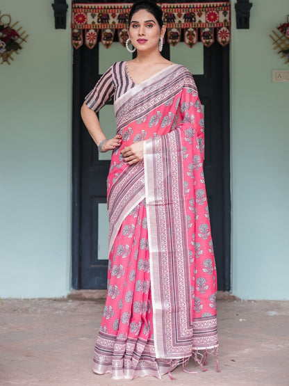 Rajwada Peach Pink Cotton Linen Printed Saree For Women