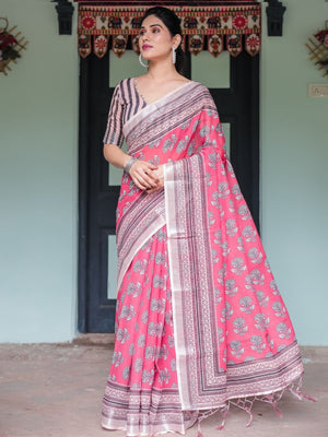 Rajwada Peach Pink Cotton Linen Printed Saree For Women