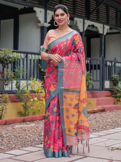Rajwada Dark Pink Cotton Linen Printed Saree For Women